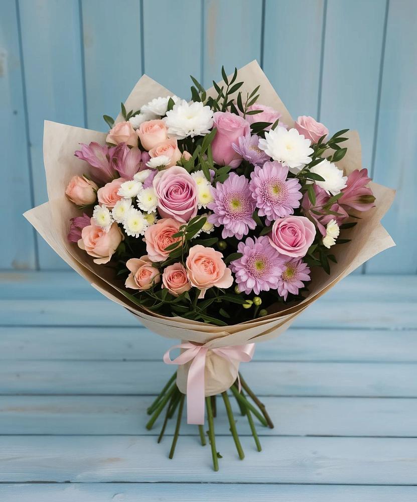 Букет цветов из: Хризантемы, Розы и Альстромерии в Актаныш