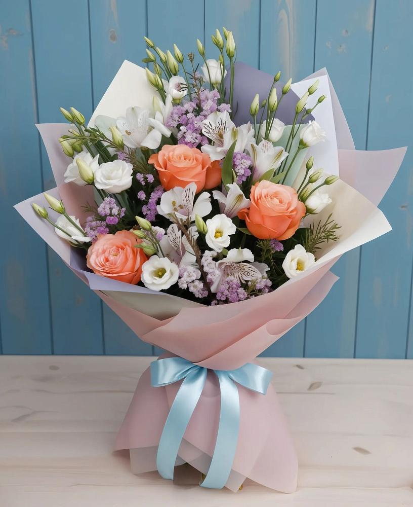 Букет цветов из: Лизиантусы, Розы, Альстромерии и Гипсофила в Актаныш